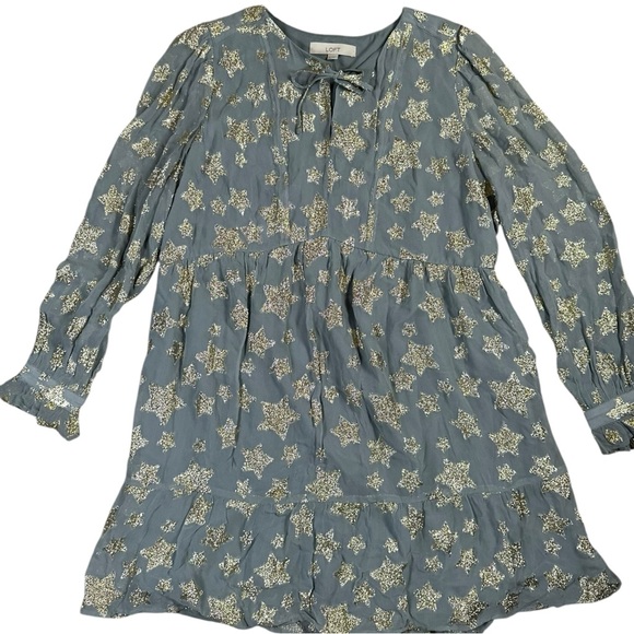 Loft Tiered Ruffle Dress Grey & Gold Size Large - Picture 2 of 11